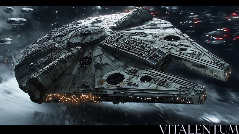 Heavily detailed starship rendered in dynamic pursuit scene