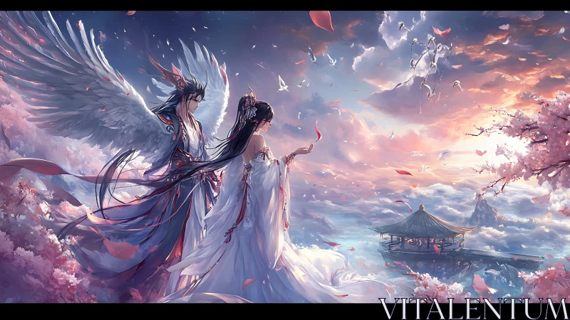 Digital painting of celestial lovers above sakura clouds.