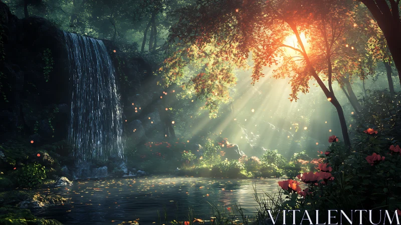 Sunlit forest waterfall where quiet daydreams linger.
