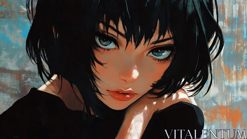 Intense close-up portrait of teal-eyed girl, painterly anime