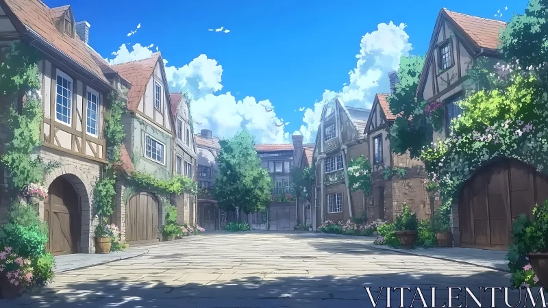 Anime courtyard streetscape with ivy-clad half-timbered cottages.
