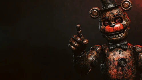 Rusty animatronic bear character pointing upward.