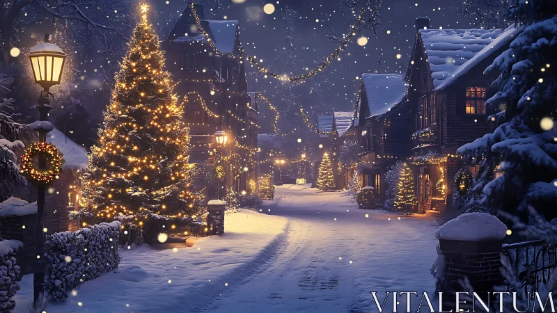 Snowy village street glows with magical Christmas lights.