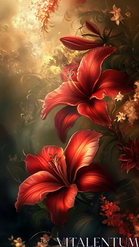 Crimson Lilies Ignite Against Golden Luminescence