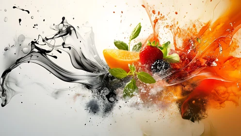 Fruit fireworks colliding with monochrome ink waves.