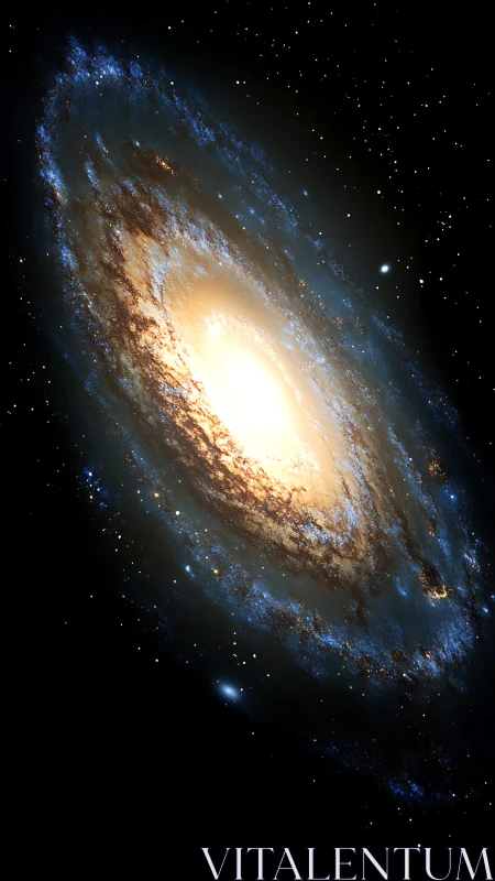 Oblique spiral galaxy rendering with luminous central bulge.