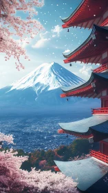 Mount Fuji rises beyond vermilion pagoda and cherry blossom