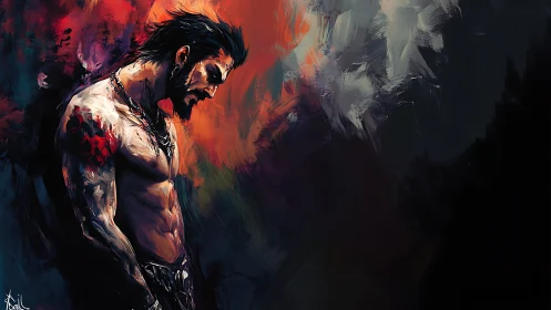 Brooding warrior in chiaroscuro chromatic turbulence profile.