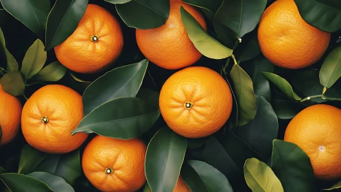 Ripe oranges lie clustered with glossy green leaves