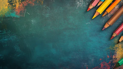 Color pencils rest on textured teal board awaiting creativity