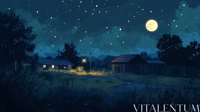 Rural night landscape with moonlit sky and quiet houses.