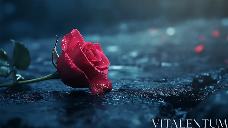 Single red rose rests on wet pavement in moody twilight