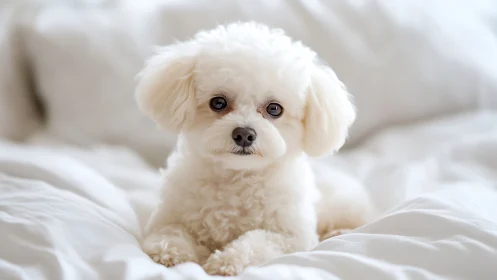 High key portrait of small white dog on soft defocused bedding