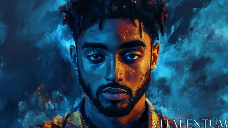 Digital portrait with blue-orange contrast and textured brushwork.