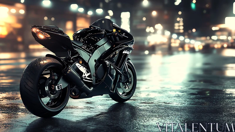 Black sport motorcycle stands on wet neon city street