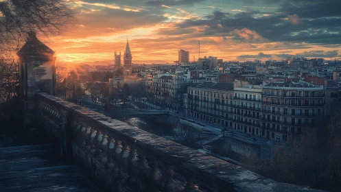 Sunlit European city skyline under dramatic winter clouds