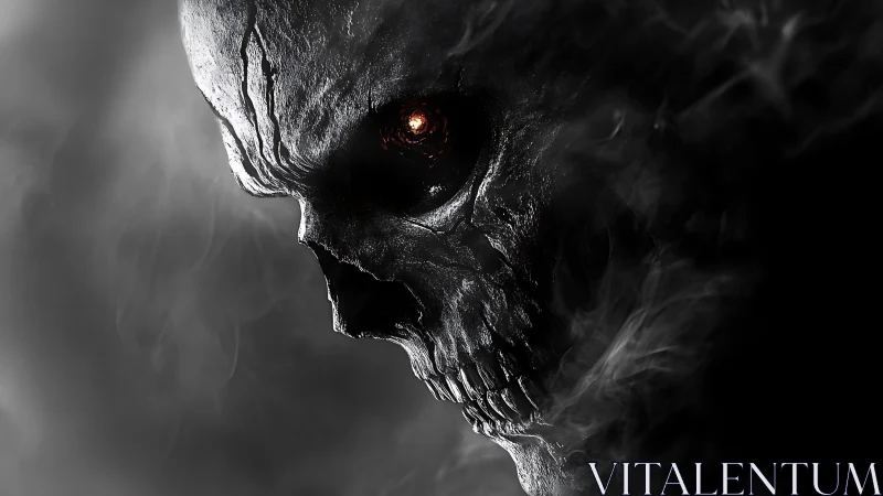 Monochrome demonic skull rendered with volumetric smoke and ember eye
