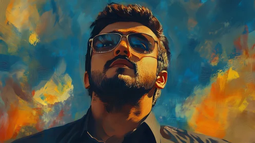 Confident man in sunglasses framed by vivid painted sky.