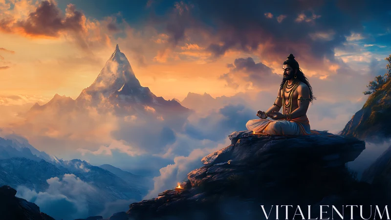 Seated figure meditates on rocky ledge facing distant peak