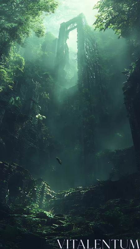 Abandoned Stone Ruins Covered in Verdant Ivy and Fog.