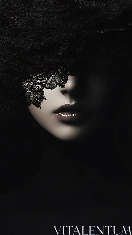 Veiled lips emerge from shadow in a dark, cinematic portrait