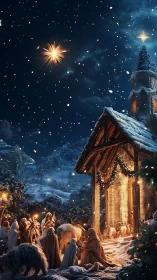 Digital painting nativity under starry nocturne sky, vertical format.