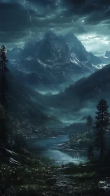 Storm-lit alpine valley rendered in high-contrast atmospheric depth