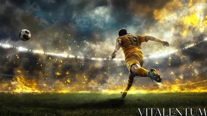 Kinetic soccer striker amid pyroclastic stadium blast field.