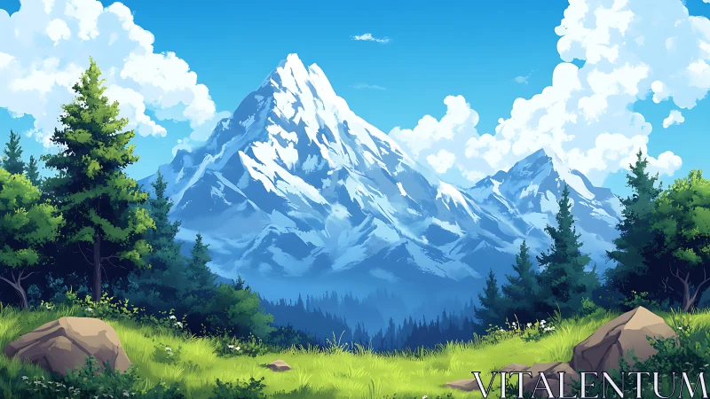 Skybright alpine summit above a sunlit forest cradle.