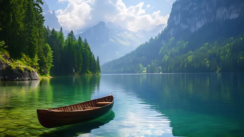 Wooden rowboat on clear mountain lake with conifer slopes.