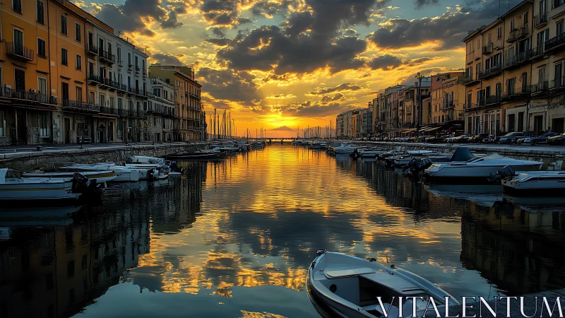 Sunset-lit canal with moored boats rendered in photoreal detail