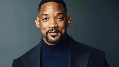 Hyperreal digital portrait of a poised man in dark tailoring