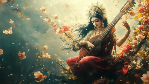 Divine musician goddess amid swirling blossoms and light.