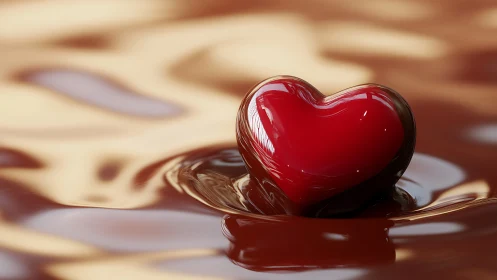 Glossy Carmine Heart Form Suspended in Melted Chocolate Medium