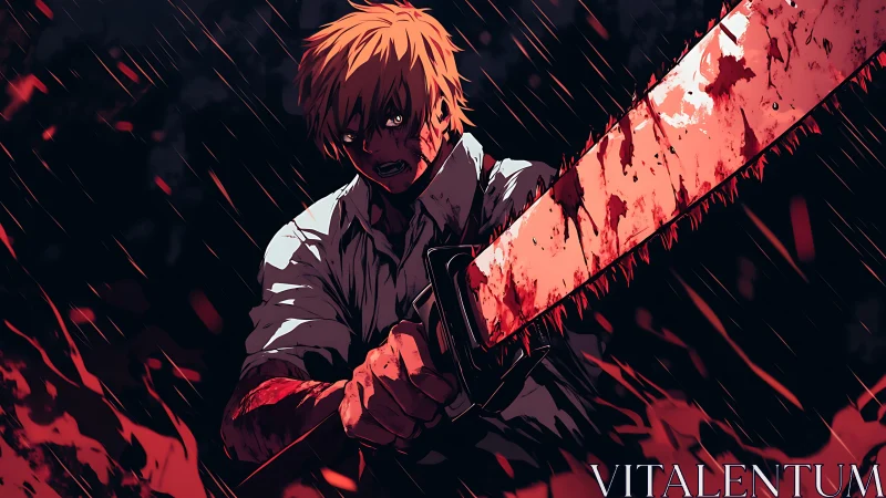 Bloody anime swordsman drives chainsaw through chaos.
