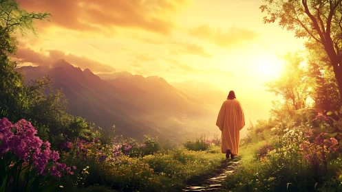 Sun-cloaked wanderer drifts along a blooming mountain trail