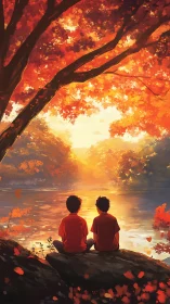 Backlit autumn lakeside scene captures two boys in warm chiaroscuro