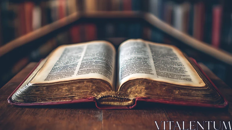 Open antique Bible rests on wooden table in dim library
