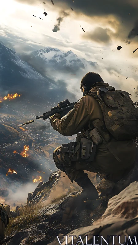 Tactical sniper overlooking burning valley under storm clouds.