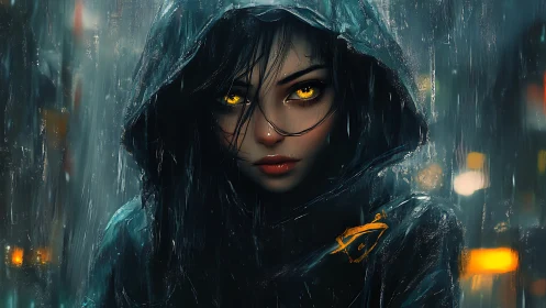Hooded woman with glowing eyes in a rainy neon city.