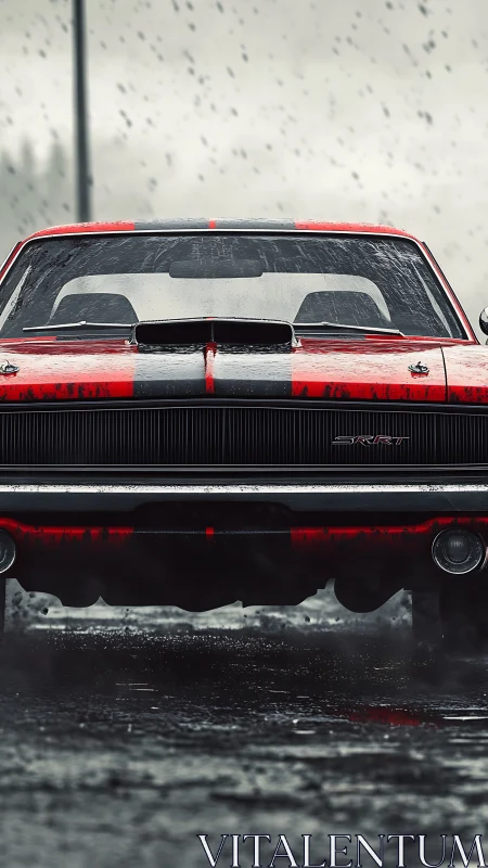 Red muscle car front view in rainy urban street scene.