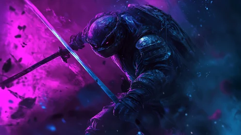 Armored mutant turtle warrior lunges through neon storm.