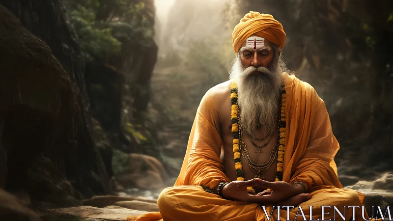 Meditating sage in golden robes finds peace in forest stillness.