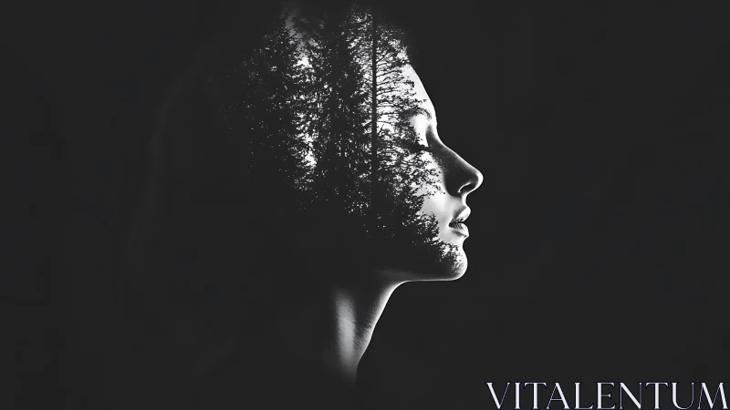 Double exposure female profile merging forest silhouette.