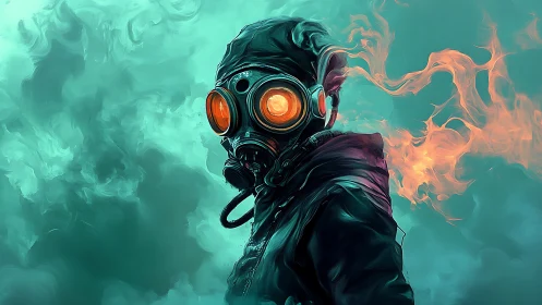 Luminous Wanderer in a Misty Neon Gas Mask Dreamscape.