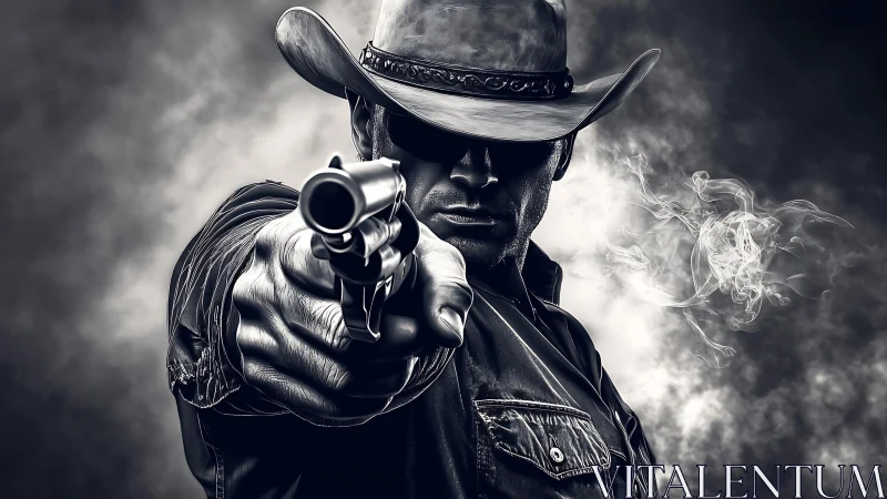 Brooding cowboy levels his pistol with intense, smoky focus