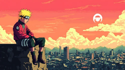 Lonely ninja overlooks neon city under burning sunset sky.