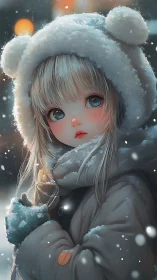 Snowy winter girl gazes softly through the falling flakes