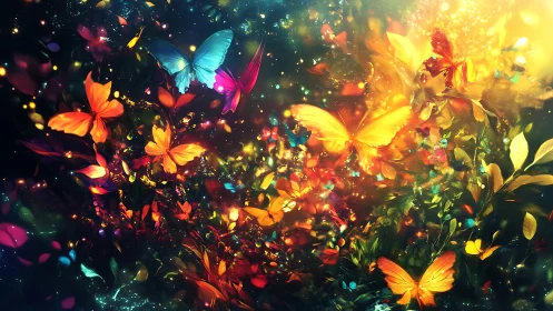 Shimmering butterflies drift through glowing midnight blossoms