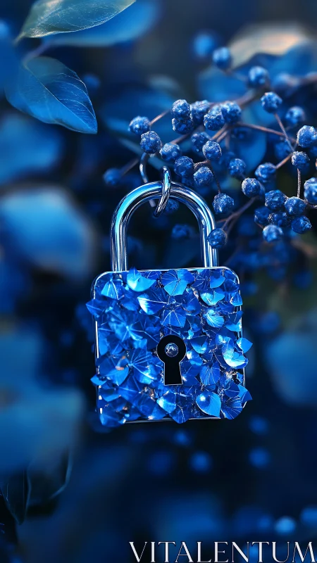 Blue crystal padlock hanging among berries and leaves.